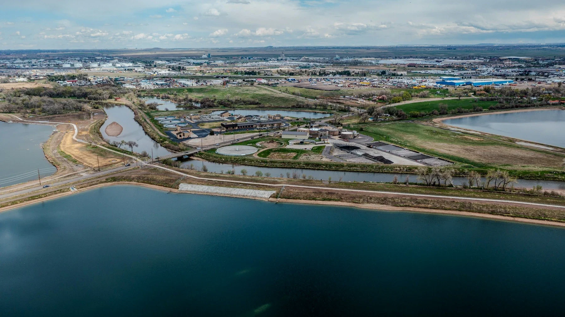 Aerial view of a large water treatment facility